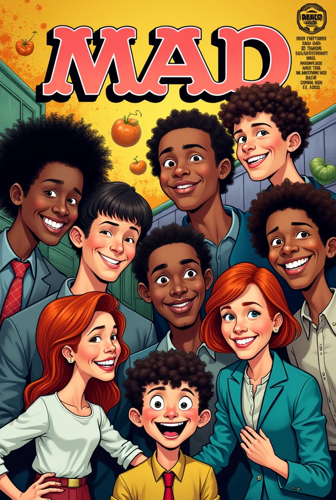 create an album cover with the drawing style of MAD magazine, there are 8 young members, with 7 men, two are black and 3 are redheads