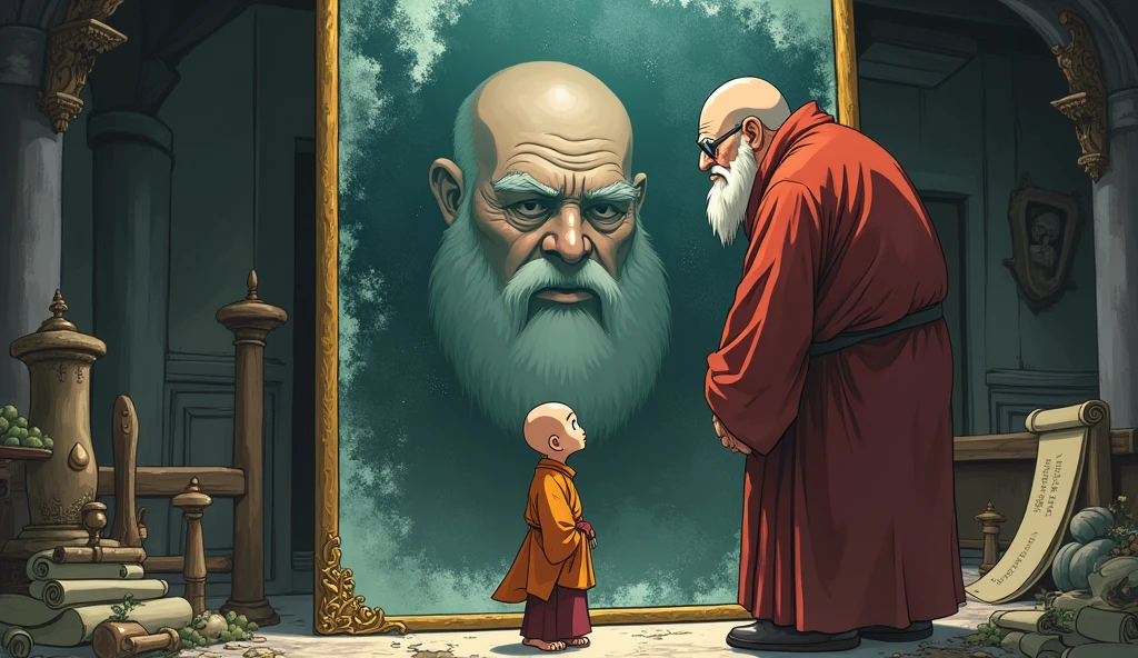Young student looking at huge filthy and smeared mirror with fat old monkanime style