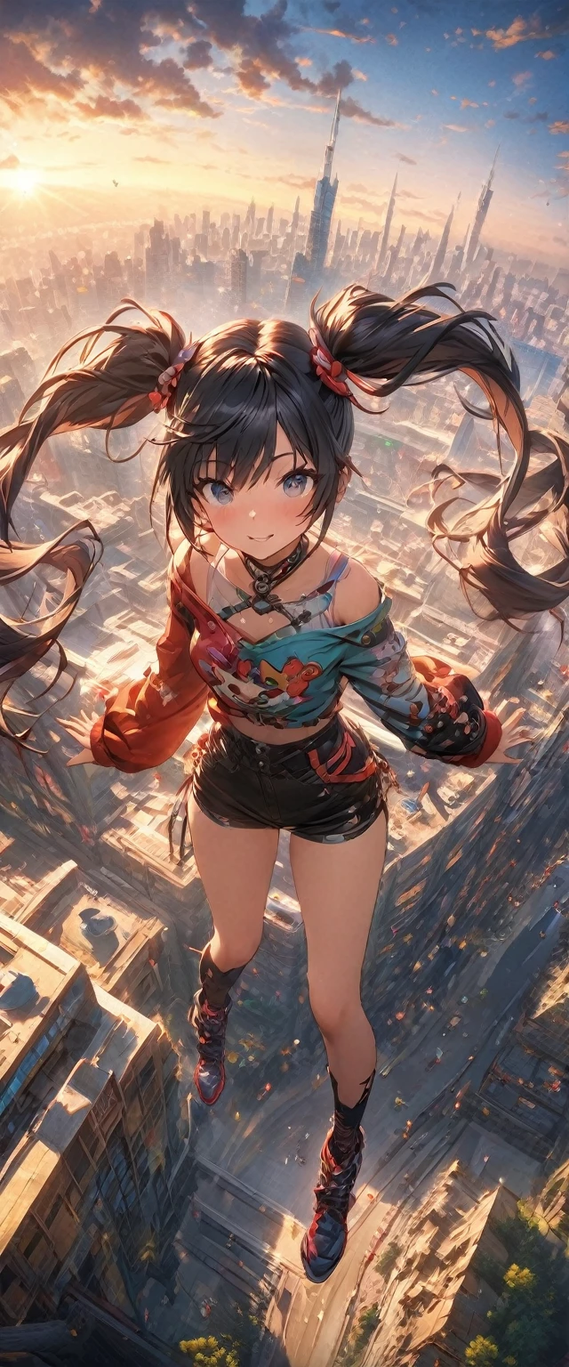 舌、masterpiece, best quality, extremely detailed CG unity 8k wallpaper, A gal with twin tails. Unusual fashion. The background is a cityscape lined with buildings. Octane rendering style. 2.5D art.