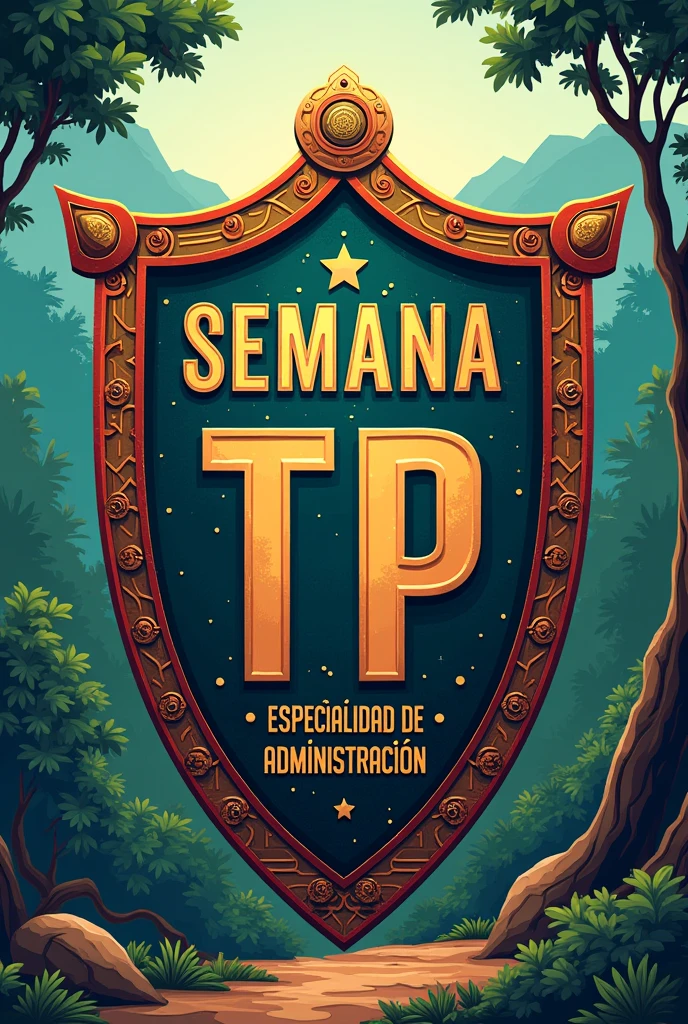 Create shield of "Technical Vocational Week" Inspired by the ninth region of Araucanía and also with the words 'Semana TP Especialidad de administración' in the center of the shield.