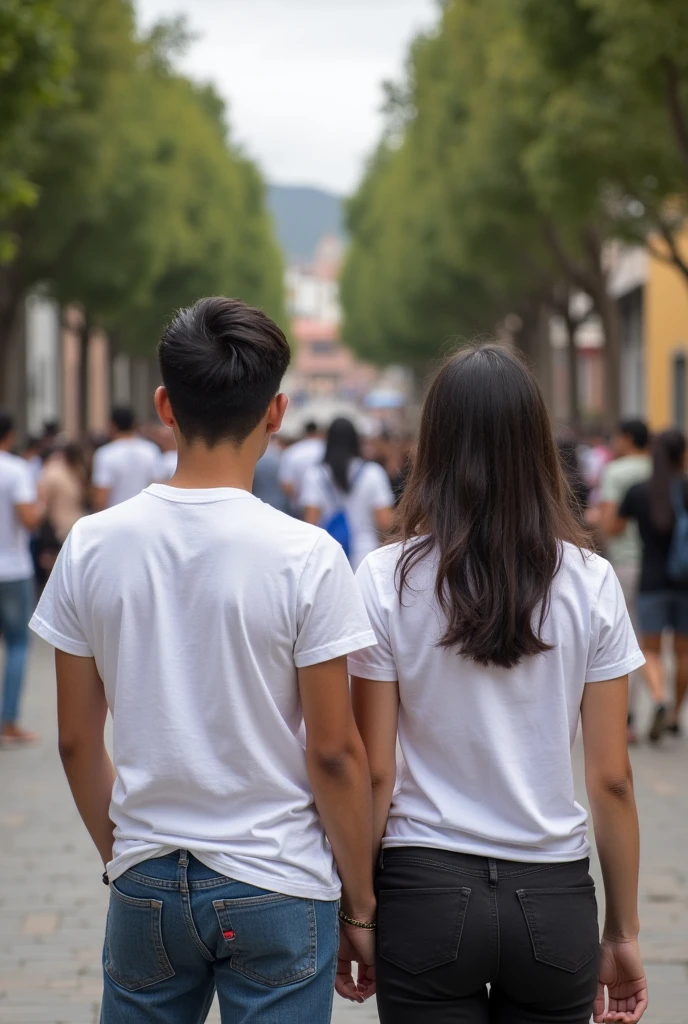 Photos of young men and women wearing white t-shirts with their backs showing in Cuenca, Ecuador