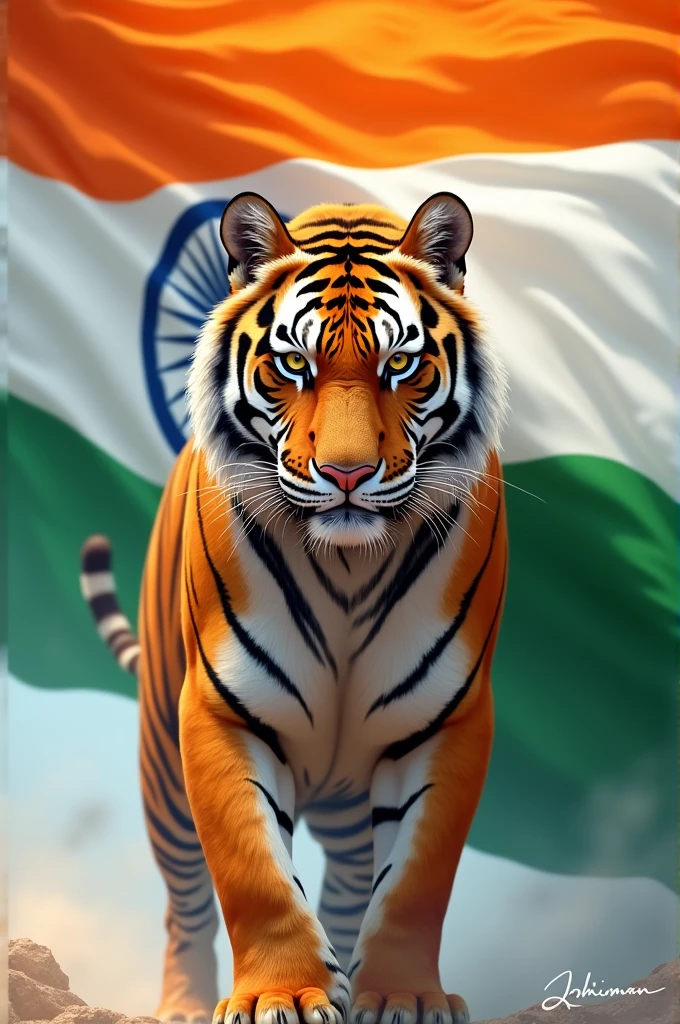 A tiger with indian flag for independence day with name Abhiman below
