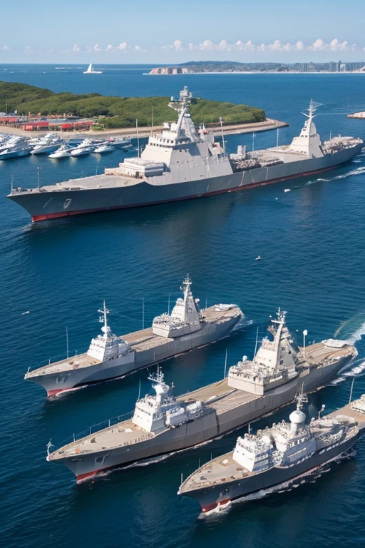 Harbor,Wu,Self-Defense Force ships,3 warships,moored,Low angle shot,Self-Defense Force Base