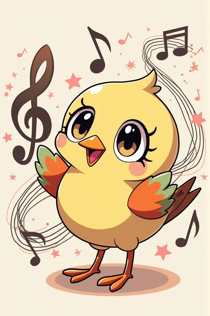 a bird that looks like an anime character,The background is a musical staff