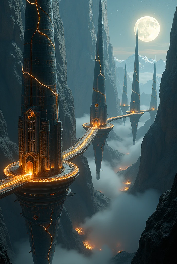 Floating Cities and Space Stations:
• Appearance: The cities do not rest on the ground, but they float in the void, connected by energy bridges that emit an ethereal glow. These structures seem to arise from the dreams of a Gothic artist mixed with a futuristic engineer. The towers are slender and towering, made of a material similar to dark glass, that reflects the stars and the moons. The surfaces are smooth, but adorned with golden metallic filigrees that twist in complex shapes, like vines of light.