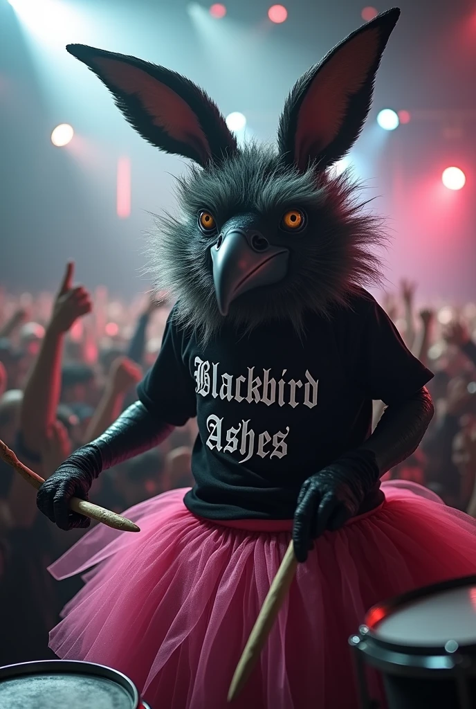 Raven with rabbit ears and a bad face, with lots of gray hair. With a shirt that says "Blackbird Ashes"and a pink tutu. Playing drums at a heavy metal concert.