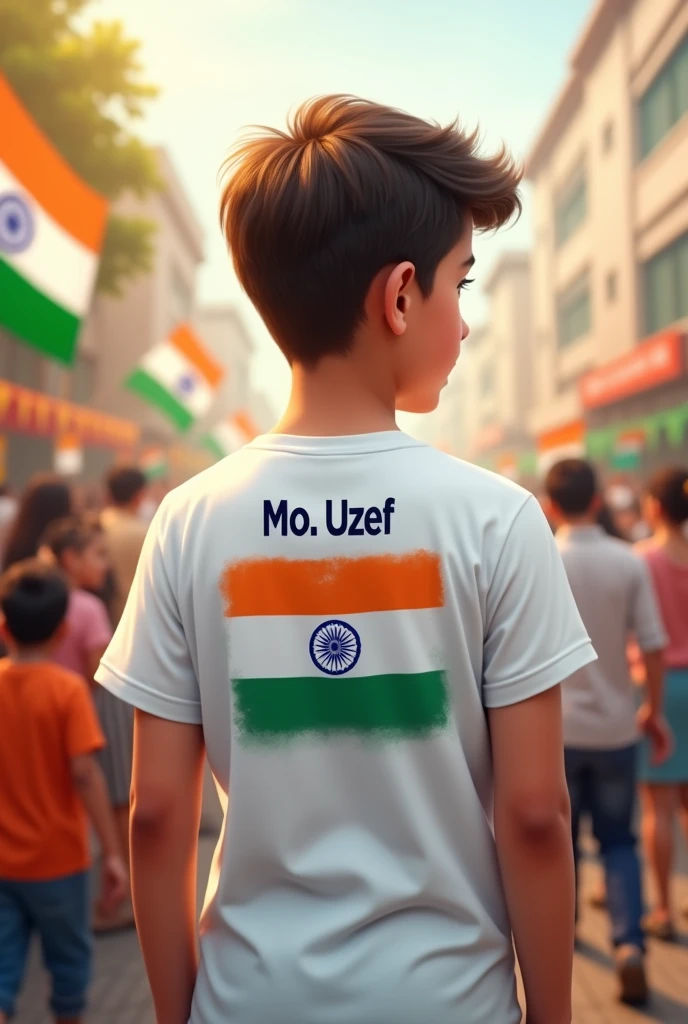 Creat a image of independence day ,
A smart handsome
boy look sun White t shirt back print in Indian flag name mo. Uzef