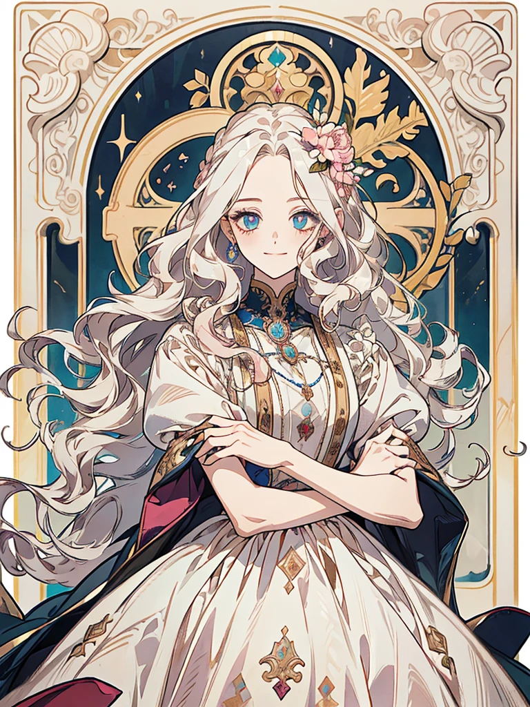 ((Highest quality)), ((masterpiece)), (detailed), Detailed face、Fine grain、8k、White hair that glows pale in seven colors、Long Wavy Hair、Curly long hair、The forehead is protruding、Lazuli eyes、beautiful girl、human、One person、flower、Smiling curly hair, Medieval Pink Dress, Medieval dress、whole body、One person