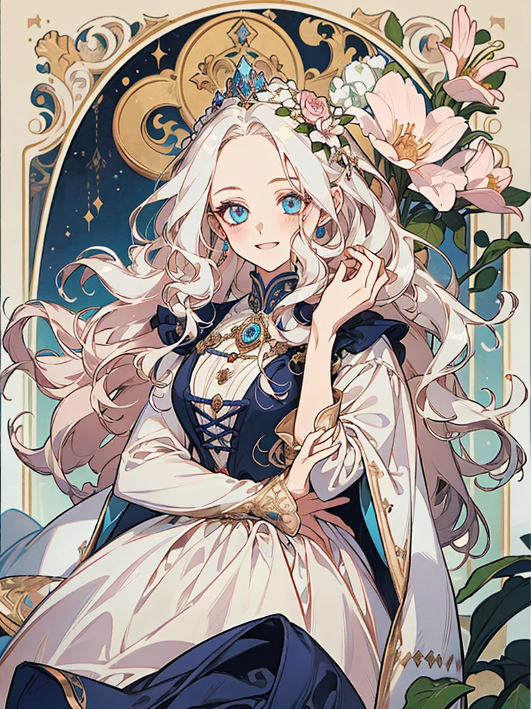 ((Highest quality)), ((masterpiece)), (detailed), Detailed face、Fine grain、8k、White hair that glows pale in seven colors、Long Wavy Hair、Curly long hair、The forehead is protruding、Lazuli eyes、beautiful girl、human、One person、flower、Smiling curly hair, Medieval Pink Dress, Medieval dress、whole body、One person