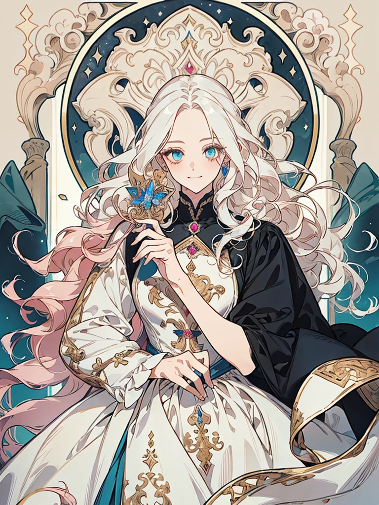 ((Highest quality)), ((masterpiece)), (detailed), Detailed face、Fine grain、8k、White hair that glows pale in seven colors、Long Wavy Hair、Curly long hair、The forehead is protruding、Lazuli eyes、beautiful girl、human、One person、flower、Smiling curly hair, Medieval Pink Dress, Medieval dress、whole body、One person