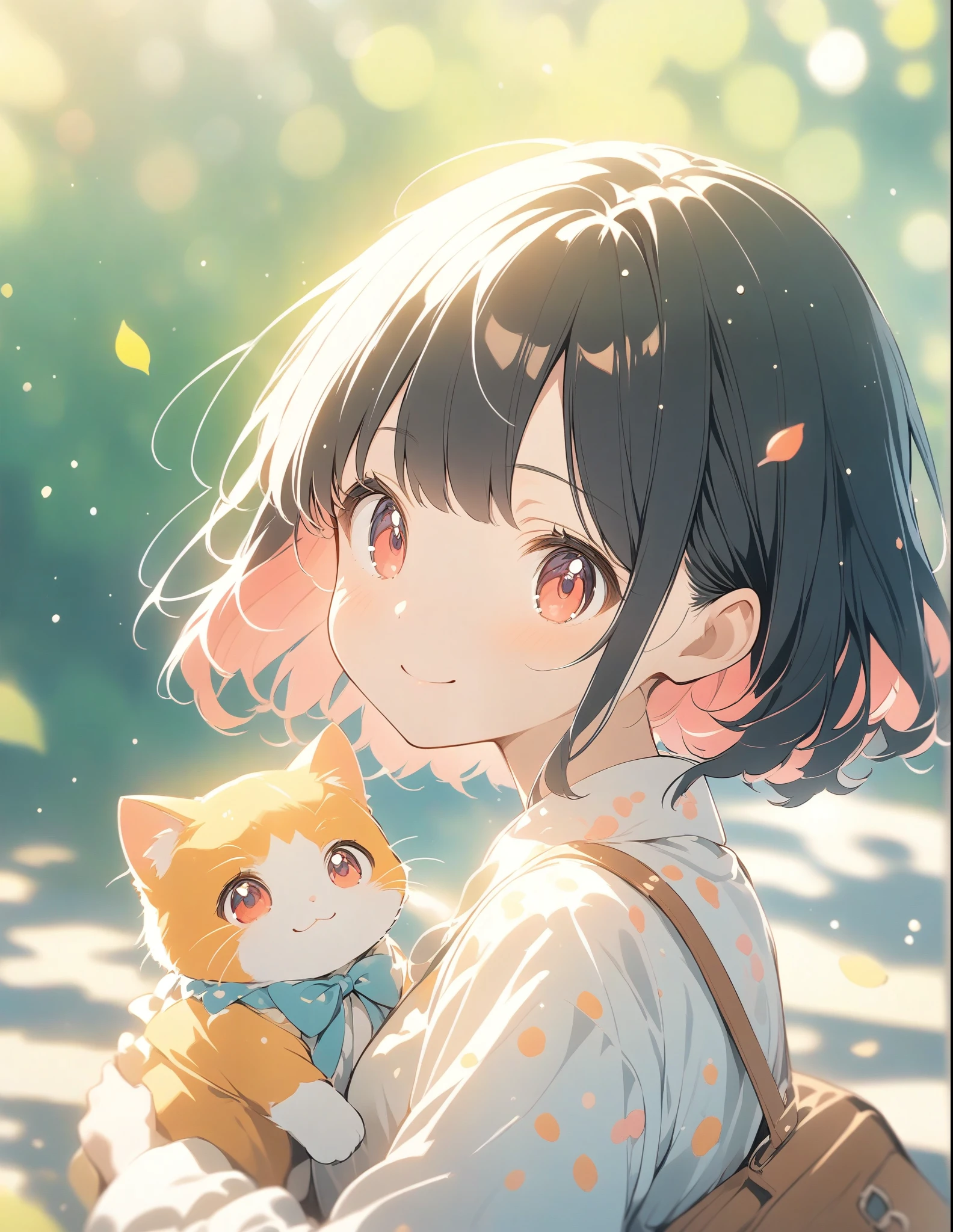 Anime Style, Ultra-fine illustrations, Very detailed, Dynamic Angle, Beautiful details, 8K,One cute girl,black Hair,Thin bob cut, smile,red eyes,fashionable, Trendy clothing,Cobblestones,(Speckled sunlight:1.2),Blurred,(Depth of written boundary:1.1),Tilt your head,(Fluttering petals),wood,Cuddle a kitten,頬をくっつける,upper body