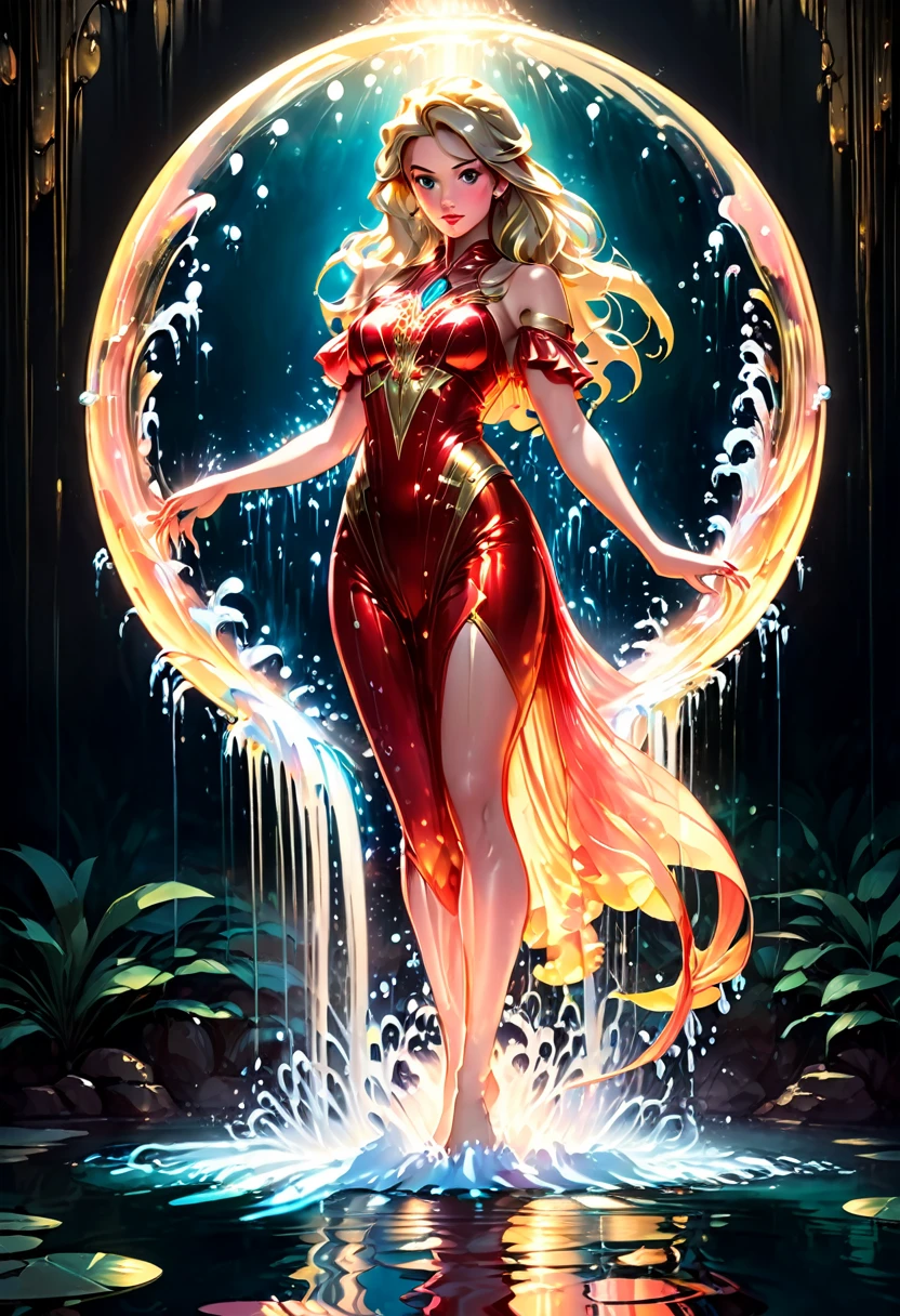 Midjourney, MJ, Midjourney style, poster, manga, anime, full body air elemental of transparent water, scarlet, (reflected light:1.5), golden eyes, fountain with splashing water, (chiaroscuro:1.6), hyper realistic photo, bioluminescence, transparency, John Berkey Style page, disney princess