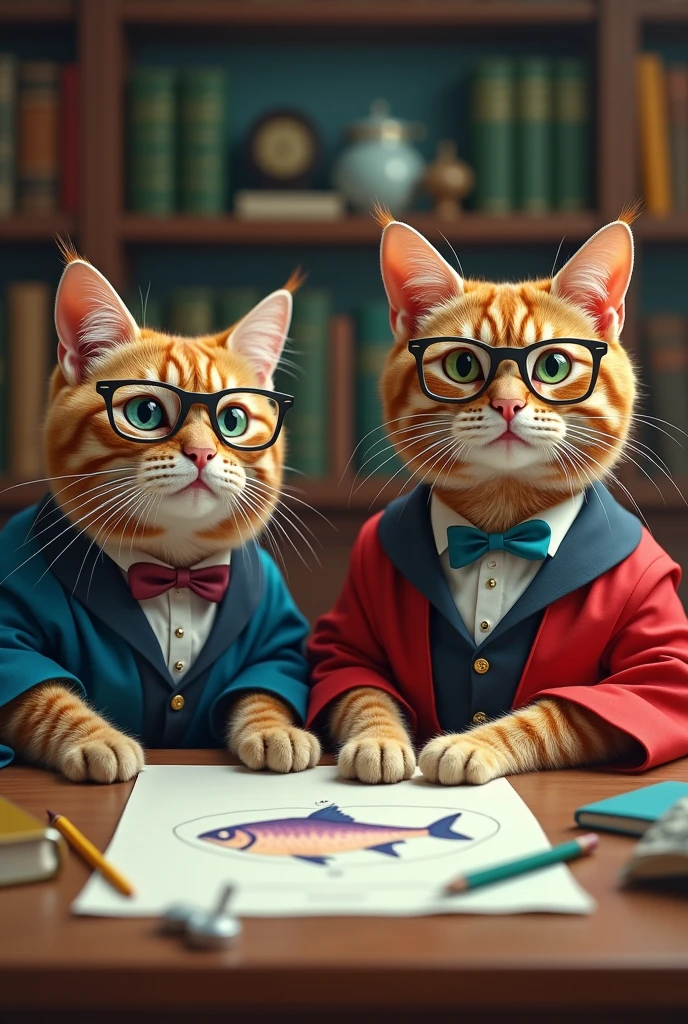best quality,Ultra-detail,realisti:1.37,Cat with Glasses,Cat Dressed as a Teacher,Cat Instruction,2 cats, learning,Table,fish drawing on the Table,Cat Points at Fish,serious look,Cat Expressions,Educational Atmosphere,Cat Accessories,Bookshelf in the background,well lit,Instructional Situation,Vivid colors,Wisdom Ambience,School Supplies