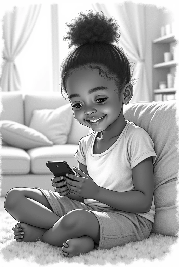 Create an image of a 7 year old black girl sitting in the living room with a phone in her hand smiling with her hair tied up drawn in pencil