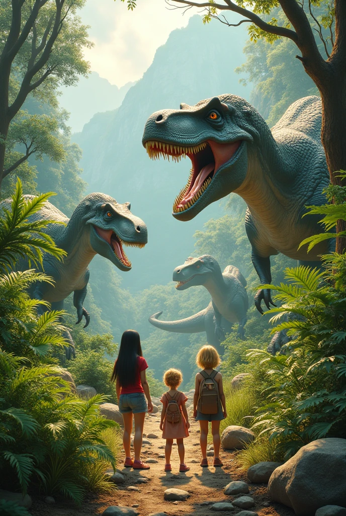 create a realistic image that represents the terrain of the earth in the Jurassic period (ferns, gymnosperms, vast forests and gymnosperms) and put three dinosaurs with three girls on each, a girl with straight black hair, a girl with straight blonde hair, A girl with curly blonde hair.