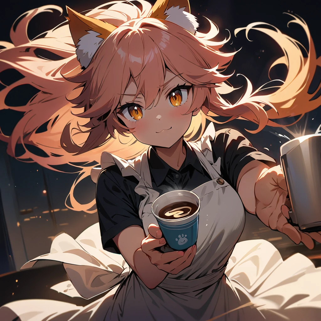 tamamo cat, serving coffee, (masterpiece, best quality, ultra detailed), (cinematic lighting), (point of viewer), apron, (looking at viewer), floating hair, ( bouncing body , ), (motion lines, ),