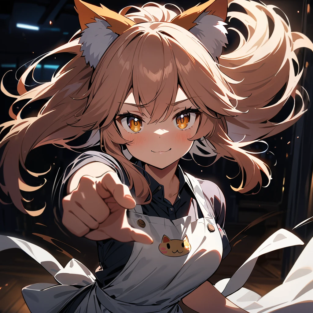 tamamo cat, serving coffee, (masterpiece, best quality, ultra detailed), (cinematic lighting), (point of viewer), apron, (looking at viewer), floating hair, ( bouncing body , ), (motion lines, ),