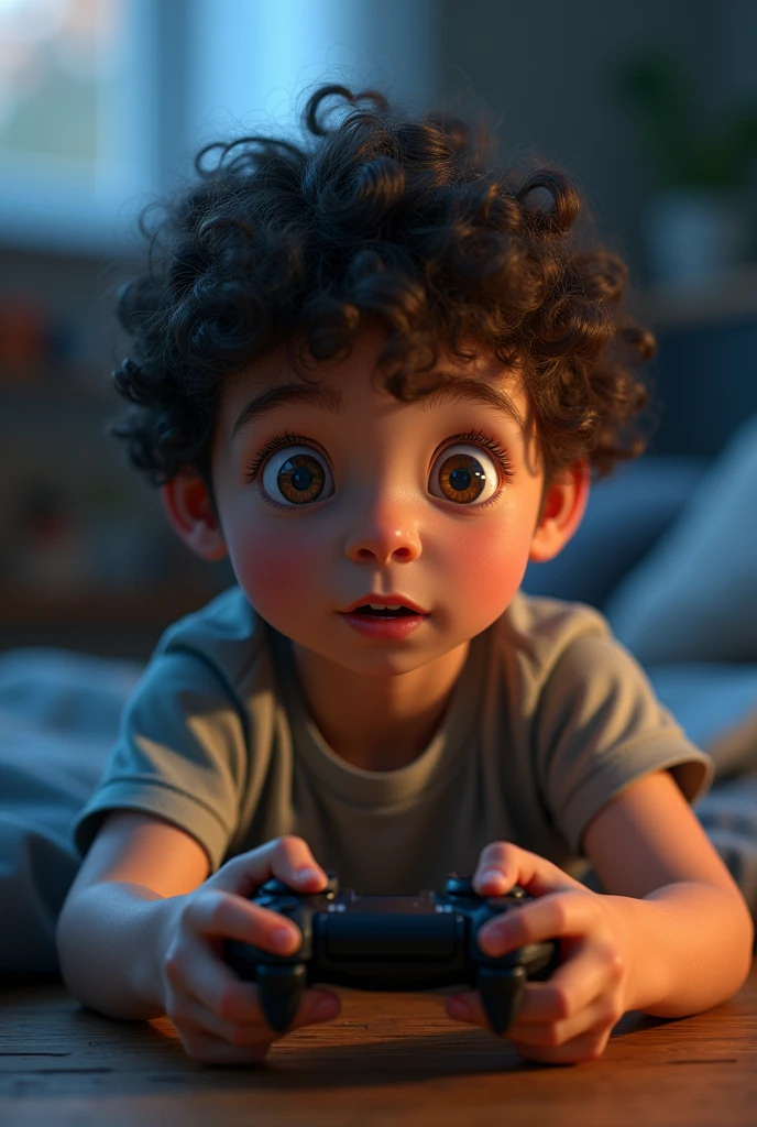 a small boy with large glasses and very large eyes holding a video game controller and playing, with curly hair, his eyes shining, wearing a t-shirt, 1boy, detailed eyes, detailed face, video game, controller, curly hair, shining eyes, t-shirt, (best quality,4k,8k,highres,masterpiece:1.2),ultra-detailed,(realistic,photorealistic,photo-realistic:1.37),highly detailed,intricate details,hyperrealistic,cinematic lighting,vibrant colors,soft shadows,depth of field, ele em forma de desenho