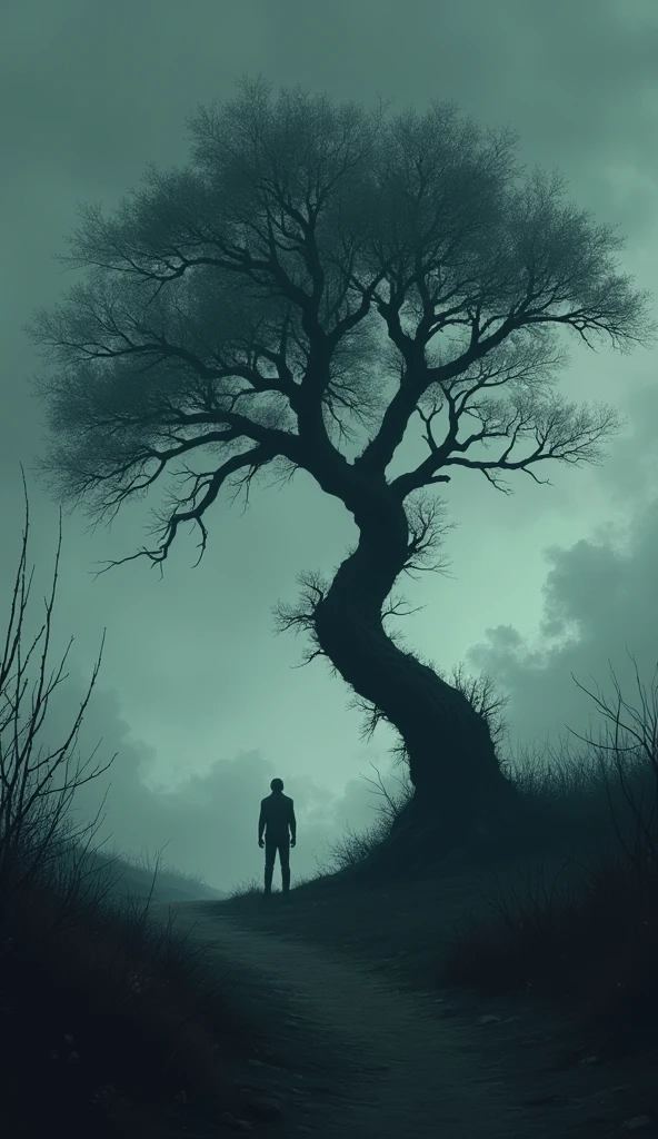 The setting is gloomy, with dim lighting to emphasize the tree’s struggle for survival, Anim style