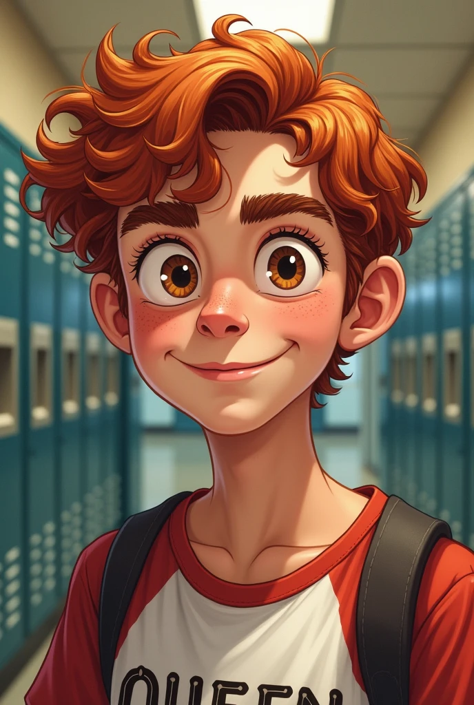 A drawing with more realistic features of a young male with American features from the waist up, in the hallway of an American school filled with lockers. Rebellious curly red hair all over, Above the eyes. Light honey-colored eyes and shorter light lashes, Curvilinear, straight eyebrow. A sweet smile on his face, has prominent cheeks and freckles under his eyes and nose. Small chubby nose, Round face, very white skin. fleshy lips. athletic body. He wears a Queen band t-shirt. Similar to Kit connor.