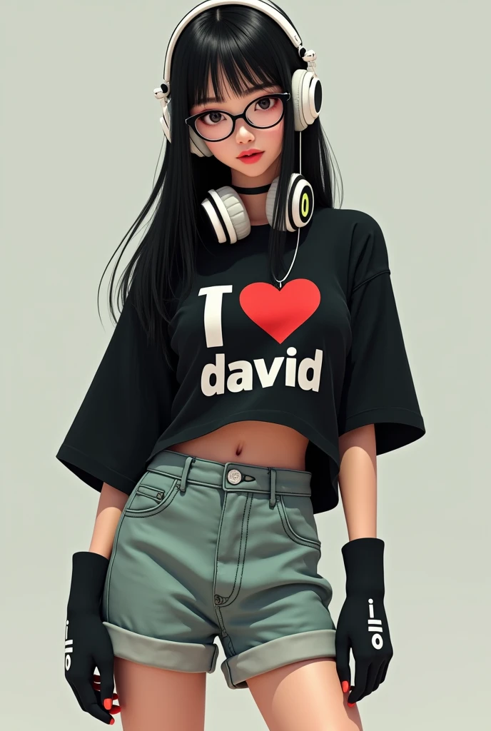 Personaje femenino con cabello negro liso largo audífonos blancos ojos chinos negro piel blanca lentes negros camisa negra que diga I ❤️ david , black and green plush white tennis shoes,  black socks and black hand warmers 