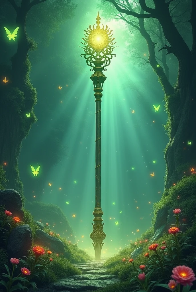 (a giant magical wizard shaft), celestial shaft, mystical landscape, green start, (inferno:1.3), mystic forest, enchanting forest, vivid color, shinning flower, (butterflies), cinematic lighting, realistic, (masterpiece, best quality:1.2)