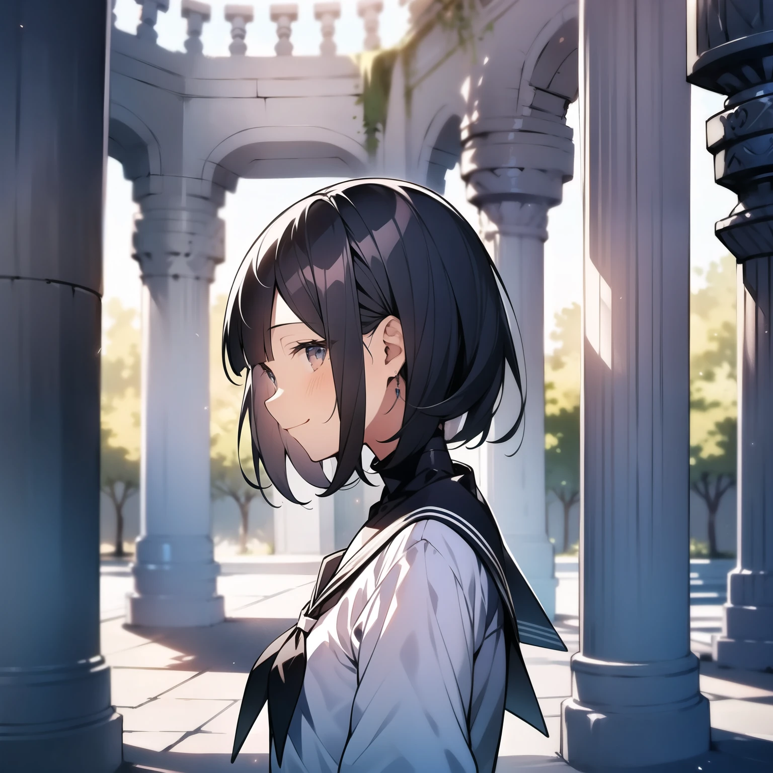 Masterpiece、colorful、15-year-old female、smile、Short Hair、look up、profile、Upper Body、Sailor suit、Medium Bust、Pillars of light shine in the background.、