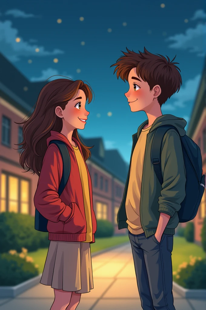 Create a cute child like drawing with a story line of a girl and a boy talking to each other in the car outside the girl's hostel after returning from a party
