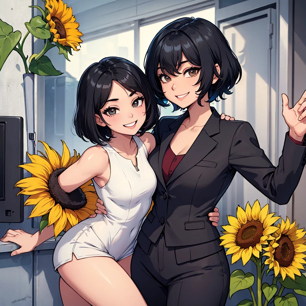 boyish、Healthy and bright、Short-haired woman、Black Hair、Smiling with teeth showing、Sunflowers suit her