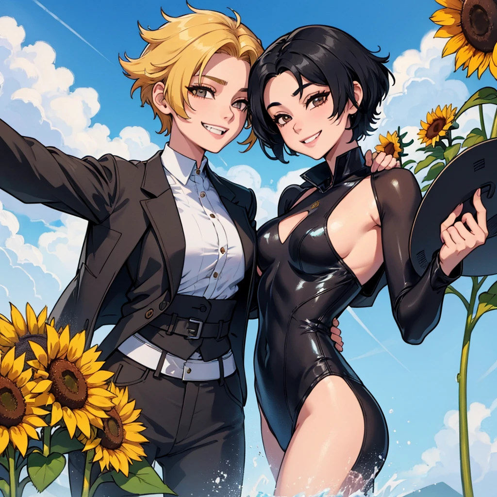 boyish、Healthy and bright、Short-haired woman、Black Hair、Smiling with teeth showing、Sunflowers suit her