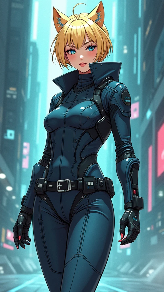 a full body anime style illustration of a woman in a dynamic pose wearing techwear outfit in the style of akihiko yoshida, futuristic cyberpunk, inspired by ghost in the shell, 90s manga aesthetic, expressive face, in the style of afro samurai, blonde wolfcut hair