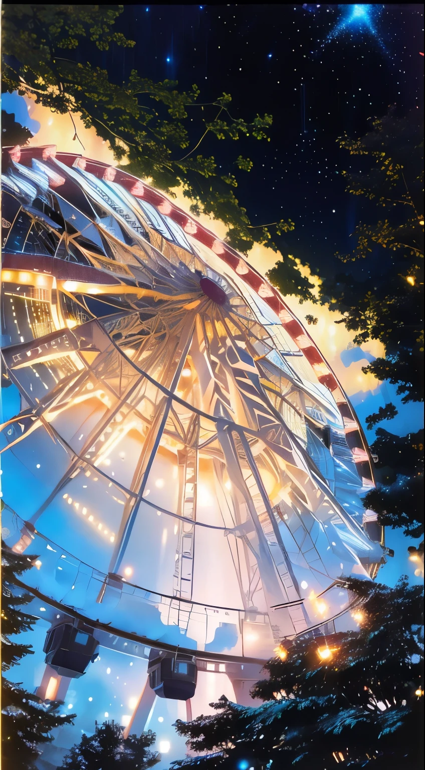 A nighttime scene featuring a large Ferris wheel illuminated with vibrant, glowing neon lights against a deep, starry sky. The Ferris wheel's structure and seats emit a warm, inviting glow, creating a striking contrast with the dark surroundings. The nearby trees and landscape are faintly lit, adding depth and atmosphere to the scene. The overall ambiance is magical and lively, with the glowing effects highlighting the Ferris wheel as the central focus of the serene night.