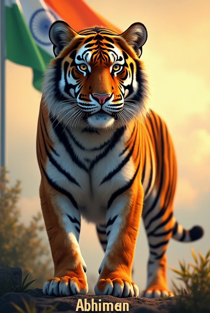 A tiger with indian flag for independence day with name Abhiman below which is clearly visible 