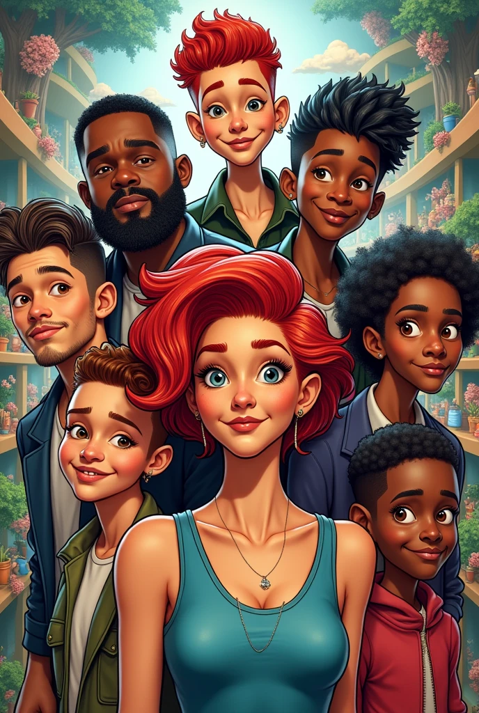 create an album cover with the drawing style of MAD magazine, there are 8 young members, being 7 men and one woman, two are black and 3 are redheads, but do it with the 3D drawing style of MAD Magazine