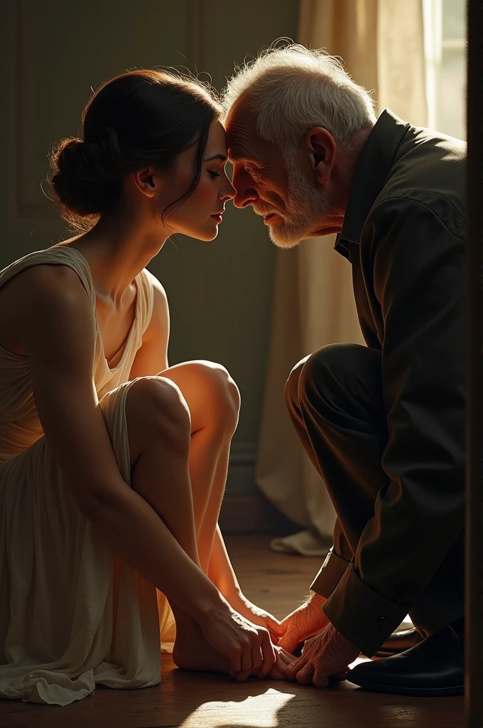 The old man took off the woman's shoes