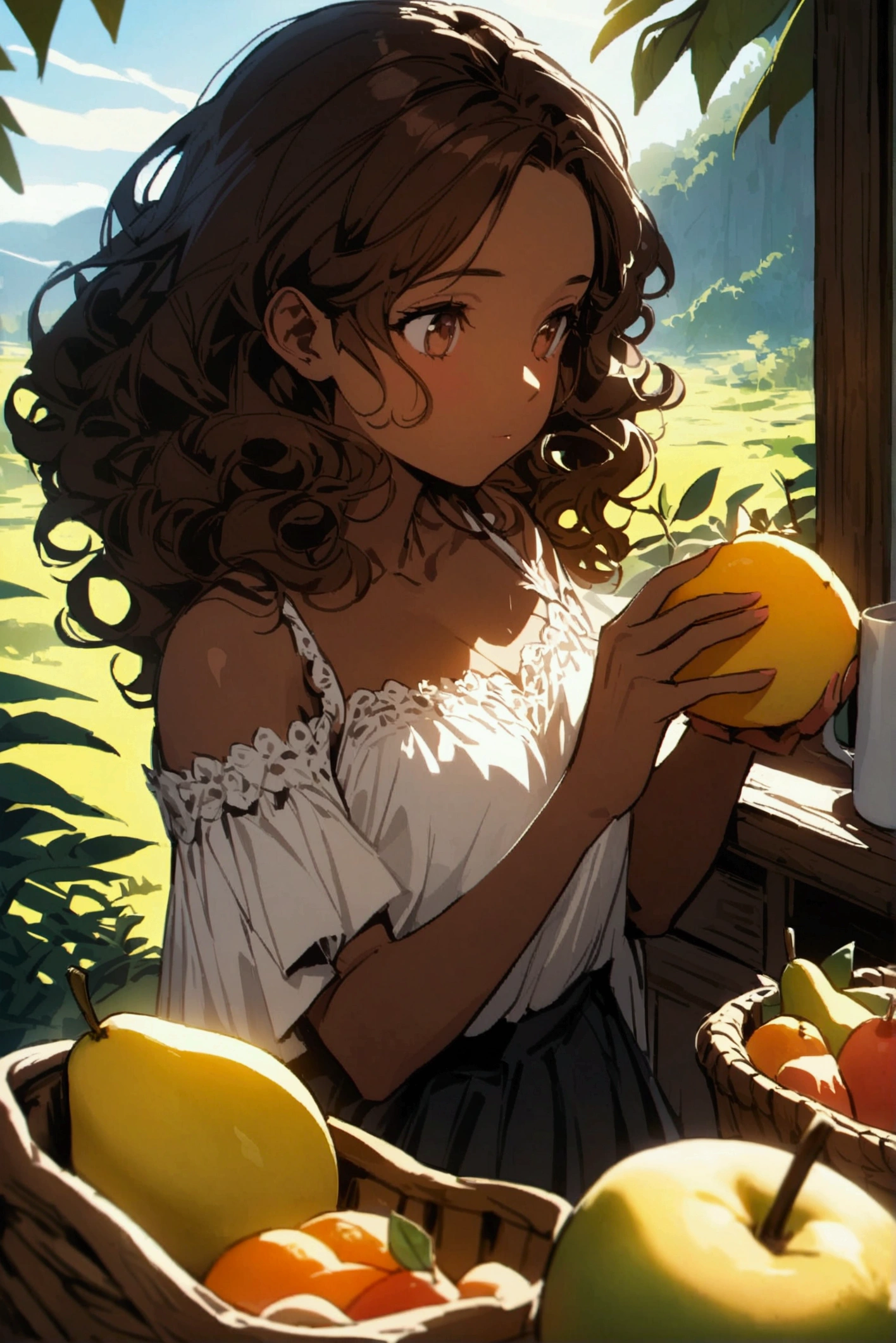 Image that represents very well a brunette girl with brown skin, curly hair (not just wavy), long and passing much of the shoulder and stuck, having breakfast with mango and pear fruit,bread and orange juice in a Nature landscape
