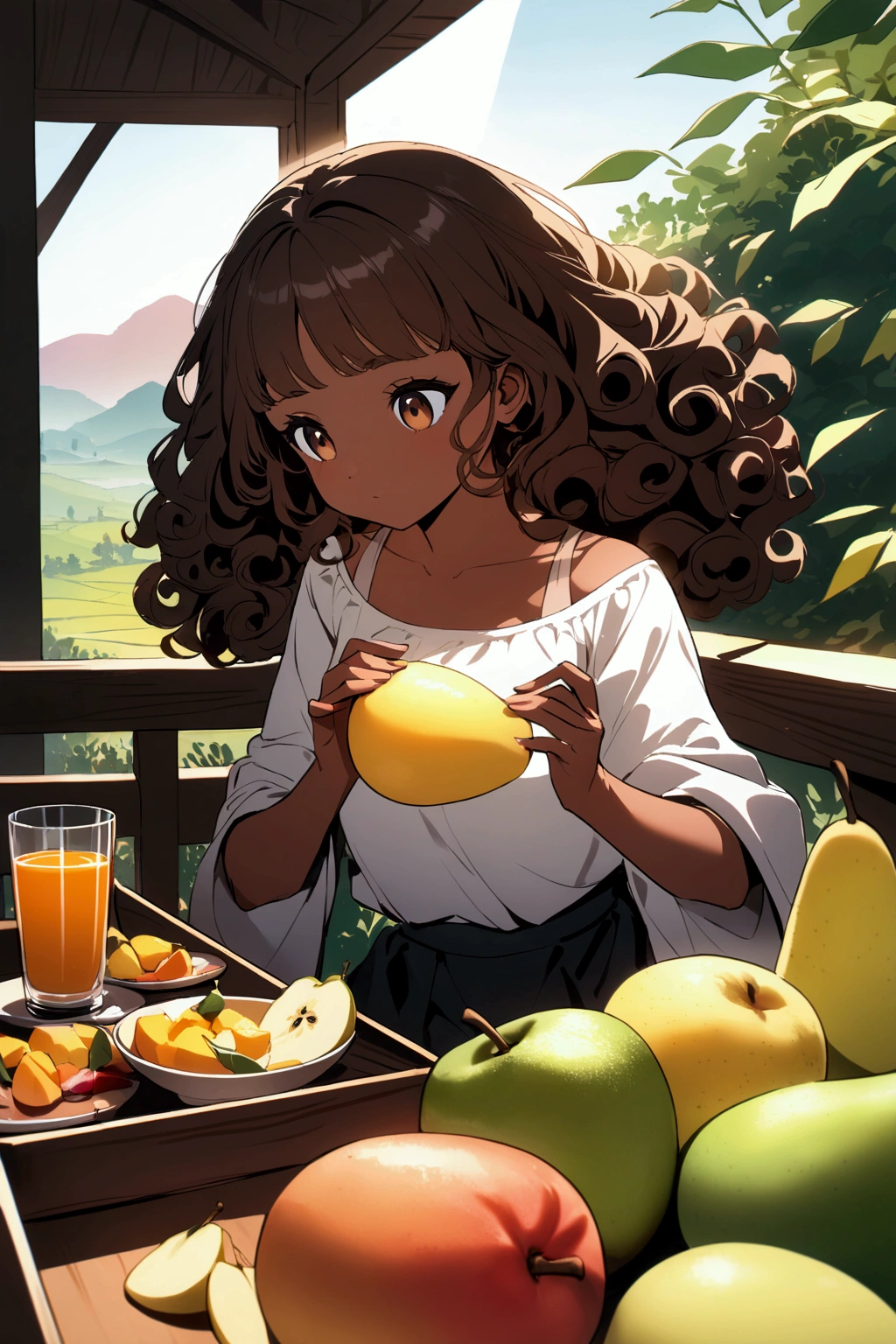 Image that represents very well a brunette girl with brown skin, curly hair (not just wavy), long and passing much of the shoulder and stuck, having breakfast with mango and pear fruit,bread and orange juice in a Nature landscape