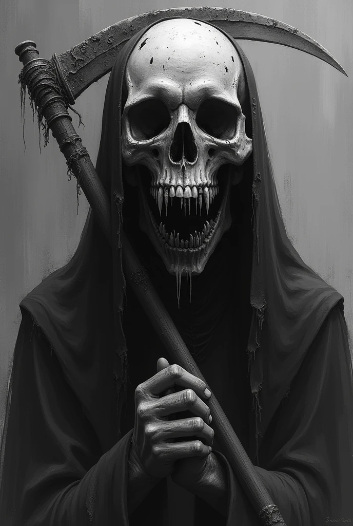 A head skull of a grim reaper, scythe stab the skull, black and white theme
