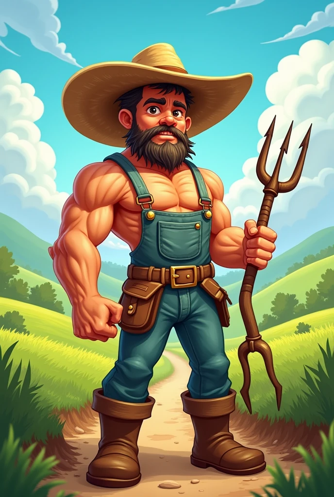 A cartoon of a farmer wearing a straw hat, facing forward and holding farming tools, looks strong, brave, and fierce.