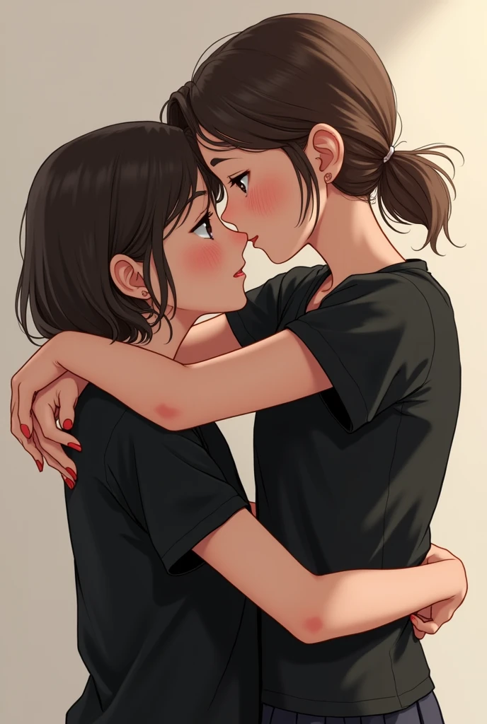 Make a image of two girl best friends wearing
black shirt . Hugging each other