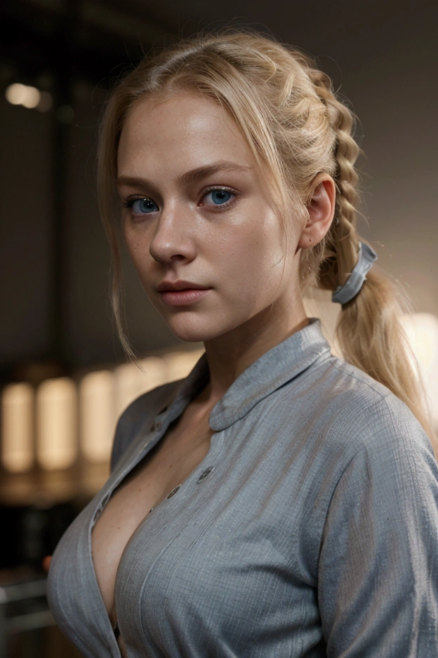 realistic , mistery, warm foggy ambient, a beautiful blond woman, 20 years old with light blonde hair in a ponytail, detailed clothes, perfect size breasts, modeling expressions, beautiful blue eyes, Highly detailed, photorealistic, 8K resolution, 60 frames per second, ultra-realistic textures, accurate lighting, realistic physics, detailed character models, intricate environments Cinematic quality, movie-like visuals, detailed special effects, realistic animations, smooth motion, high-quality sound design Real-world accuracy, precise details, authentic environments, lifelike characters, realistic dialogue, engaging storyline
