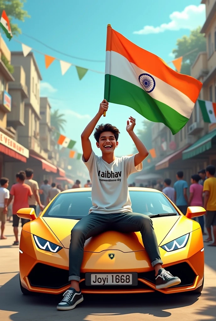 realistic Indian 18 year old boy sitting on Lamborghini car Holding Indian flag and celebrating India festival happy independence day with background of blue sky in Indian Street boy wearing pant, white t-shirt with name”Vaibhav ”style hair on it by the way childrens are holding Indian flag playing round, smart, shoes, some children also playing, and someuncles drinking tea at a shop. also a text written “Happy independence day”at top, 3D art painting real photo wit high resol