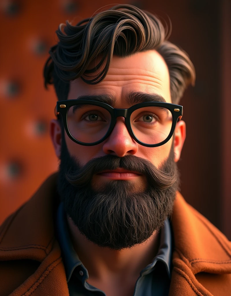 A man with a beard and glasses in a PivaArts style masterpiece:1.2. The artwork showcases a male character with a detailed and realistic beard. The beard is carefully crafted, capturing every strand of hair, providing a sense of depth and texture. The glasses, also detailed, reflect the cinematic lighting in the scene, creating a captivating bokeh effect. The background features a rich and vibrant leather texture, adding an extra layer of sophistication to the image. The overall quality of the artwork is at its best, with ultra-detailed attention paid to every element. The artwork is rendered in 8k resolution, ensuring the highest level of detail and realism. The style of the artwork follows the iconic Pixar animation style, with a touch of claymation aesthetics. The lighting in the scene is cinematic, enhancing the dramatic mood and highlighting specific facial features. The focus is sharp, emphasizing the intricate details of the character's face.