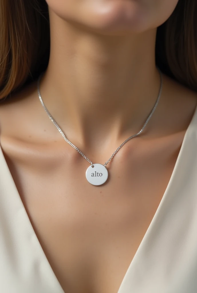 Silver chain with a pendant that says 'alto'