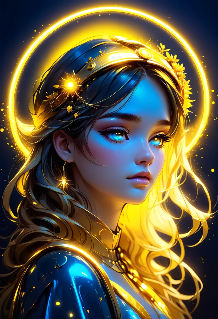 Midjourney, MJ, Midjourney style, poster, light background, close-up, manga, anime, blue and yellow lighting gradient, girl with golden halo on her head, neon realism style, dark romantic illustrations, dark white and yellow, solapunk, can't believe how beautiful it is, simple cartoon, thoughtful mood