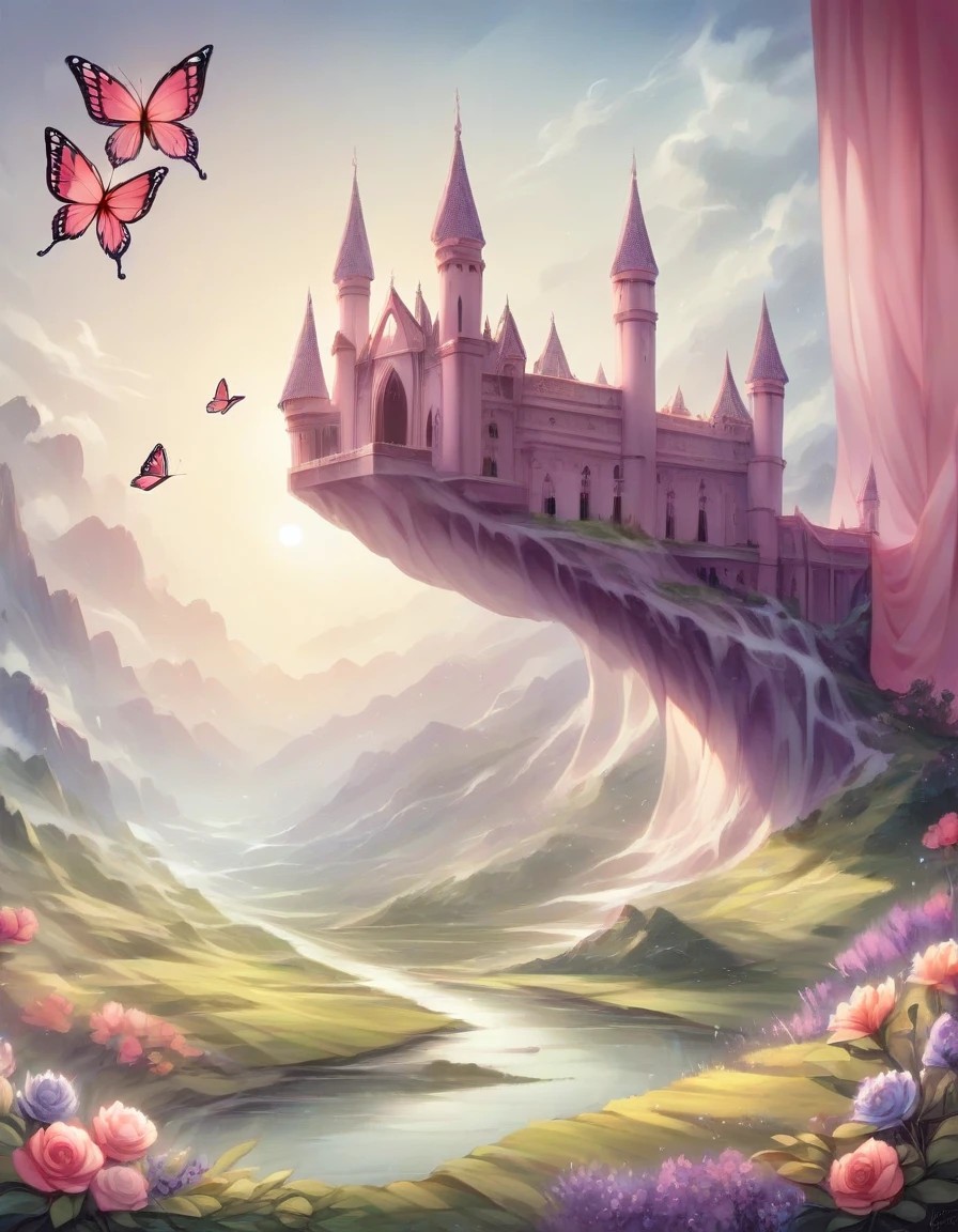a glorious fuchsia, pink palace or castle, lush garden with flowers and butterfly balloons, 8k, vibrant colors, detailed, photorealistic, dramatic lighting, fantasy landscape, intricate architecture, gorgeous nature, stunning clouds, beautiful sky, serene atmosphere