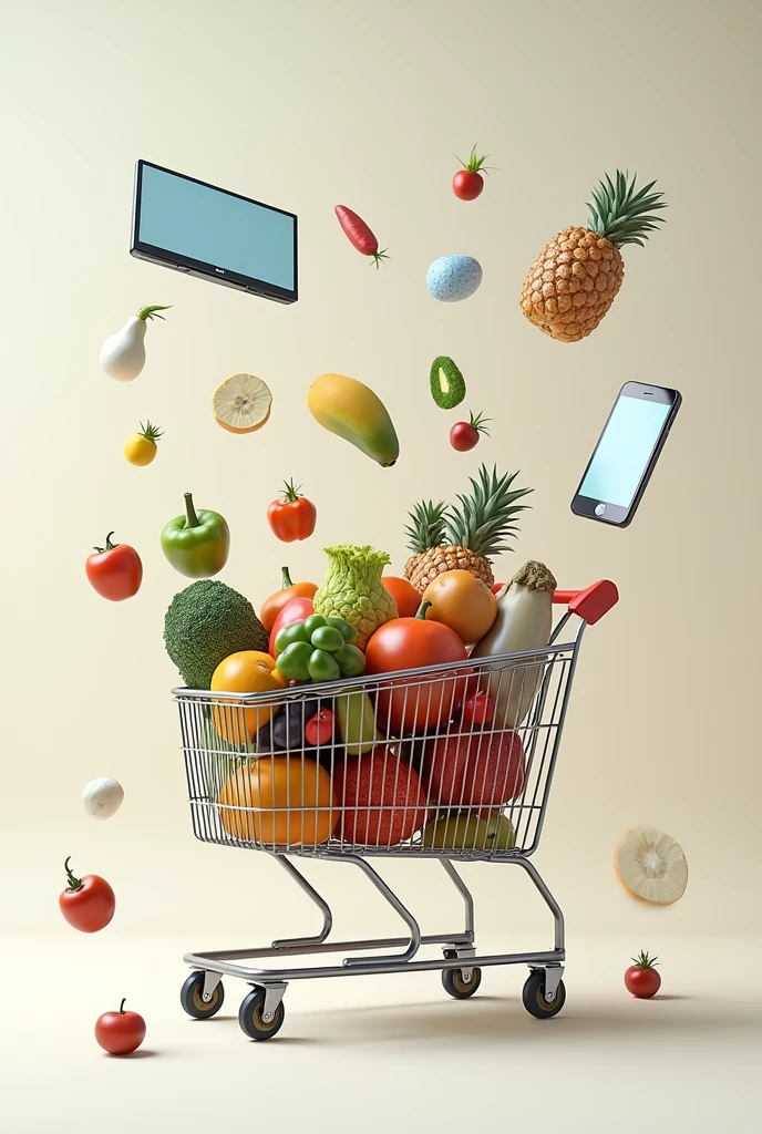 A full grocery cart with a cell phone in an Instagram post, a supermarket insert, a horizontal TV and a horizontal A4 board flying around