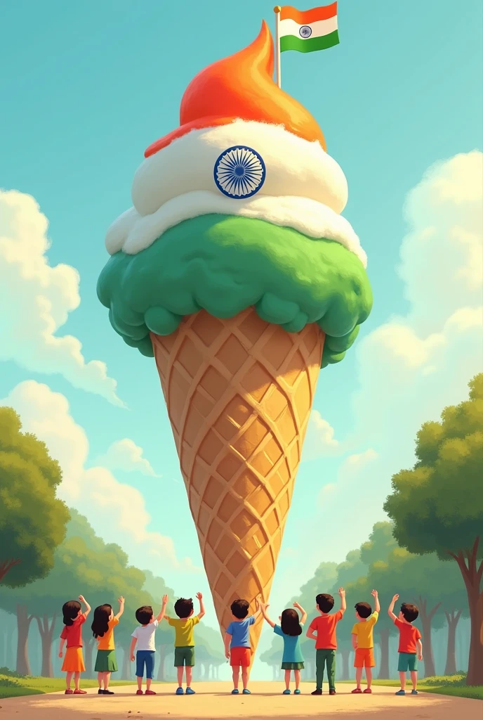Some children standing and saluting the Indian flag in an ice cream cone