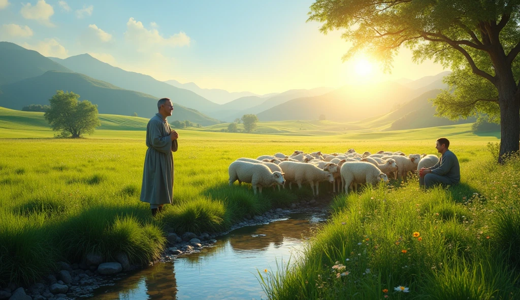 The camera opens smoothly, revealing a vast expanse of lush green fields stretching as far as the eye can see. The sun shines softly in the blue sky, and a light breeze makes the leaves on the trees whisper softly. The sound of a nearby stream is heard in the background., como uma melodia tranquilizadora.
In the center of the scene, a pastor, dressed in a simple robe, standing, watching his flock of sheep spread out across a lush field. The sheep estão pacificamente pastando, its white wool contrasting with the vibrant green of the grass. The shepherd smiles, transmitting a feeling of calm and protection.
The camera zooms in on a sheep that, upon noticing the shepherd, raises his head and approaches him. The shepherd crouches down, gently strokes the sheep and, Right away, gets up, gently gesturing for them to follow him. The sheep, obedient and calm, begin to move towards a small stream that shines in the sun.
With smooth cuts, the scene changes to the stream. The crystal clear waters flow calmly, reflecting sunlight like a mirror. The shepherd arrives at the shore, watching the sheep approaching the water to drink, as he sits on a nearby rock, looking at them with a serene expression.
As the camera zooms out, reveals the surrounding landscape: majestic mountains in the distance and colorful wildflowers dotting the countryside. The sound of the stream mixes with the birdsong, creating an atmosphere of peace and harmony.
The scene ends with a shot of the pastor, who closes his eyes for a moment, breathing deeply the fresh air of nature. He opens his eyes, gazing at the horizon, where the sky begins to take on golden hues from the sunset. The image encapsulates the essence of Psalm 23 - an invitation to serenity and divine care..