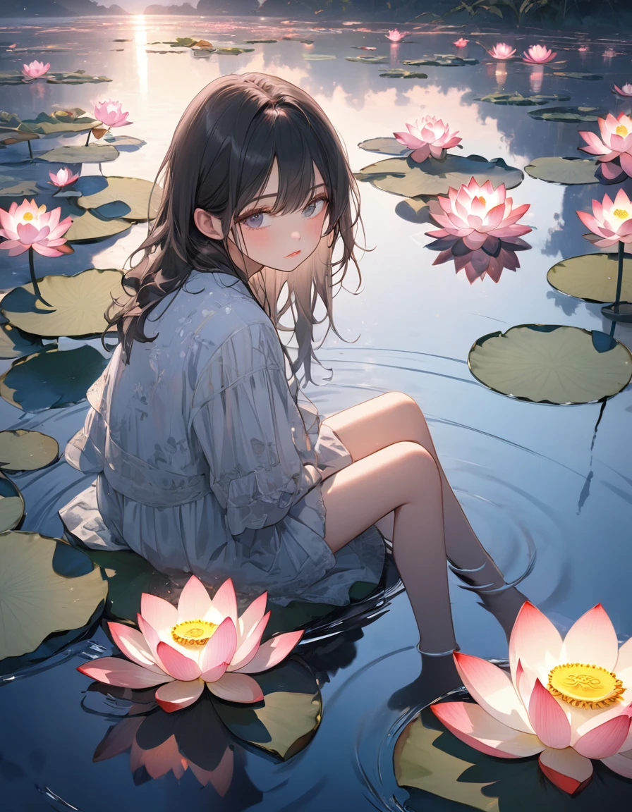 ((Masterpiece)), ((best quality)), (from Very below), (super detail:1.2), (High Definition:1.3), ((extremely detailed)), (8K), (Professional Photography:1.2), (very aesthetic:1.2), (absurdres:1.2), (sharp focus), (perfect light), (drop shadow), ((1girl)), cute young Girl, (cute cheeks), glossy lips, pouty lips, bags under the eyes, (lower eyelashes), lost in slumber, yet-to-be-seen landscape, night, ripples in the water, (sitting on the lotus flower), will rise, will fade, forever changing, tranquil, mystical, reflection, reality, dream, (detailed background:1.2), (newest), clear line,